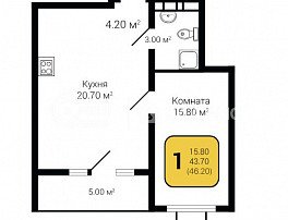 1-комнатная квартира, 46.2 м2