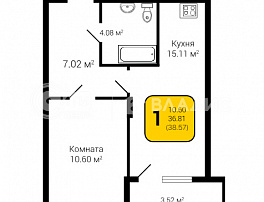 1-комнатная квартира, 38.57 м2