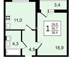1-комнатная квартира, 38.4 м2