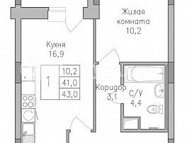 1-комнатная квартира, 43 м2