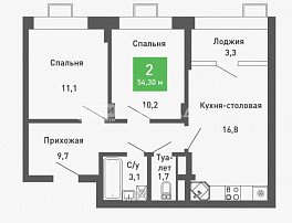 2-комнатная квартира, 54.3 м2