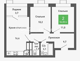 2-комнатная квартира, 54 м2