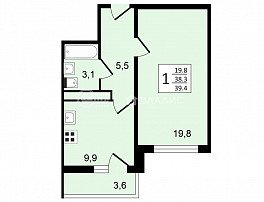 1-комнатная квартира, 39.4 м2