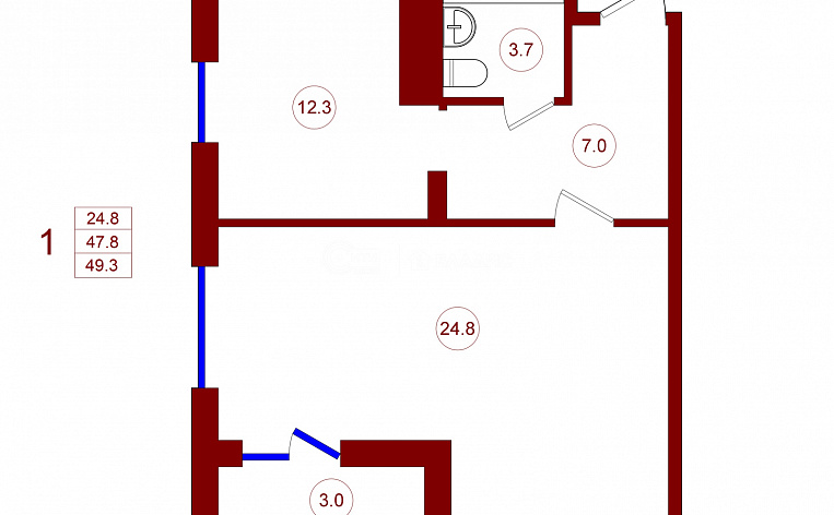 1-комнатная квартира, 49.3 м2, эт. 1, id: 702668, фото 14