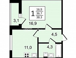 1-комнатная квартира, 38.3 м2