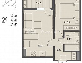 1-комнатная квартира, 39.6 м2