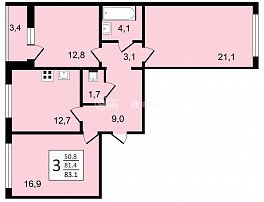 3-комнатная квартира, 83.1 м2