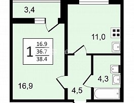 1-комнатная квартира, 38.4 м2
