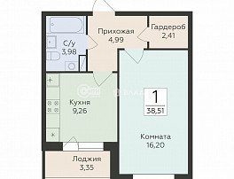 1-комнатная квартира, 38.51 м2
