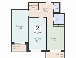 2-комнатная квартира, 60.39 м2