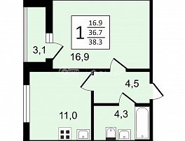 1-комнатная квартира, 38.3 м2