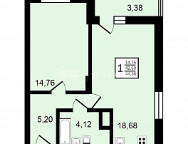 1-комнатная квартира, 44.38 м2