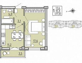 1-комнатная квартира, 37 м2