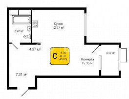 1-комнатная квартира, 46.03 м2
