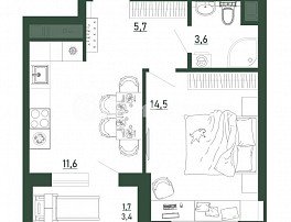 1-комнатная квартира, 37.3 м2