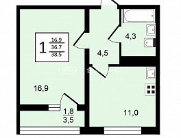 1-комнатная квартира, 38.4 м2