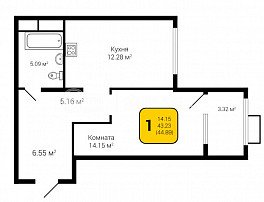 1-комнатная квартира, 44.89 м2