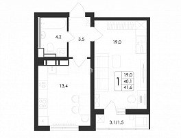 1-комнатная квартира, 41.6 м2
