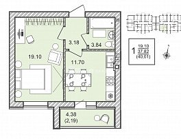 1-комнатная квартира, 40.01 м2