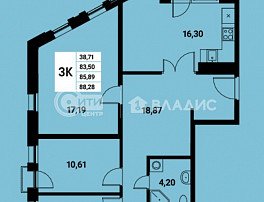 3-комнатная квартира, 85.78 м2