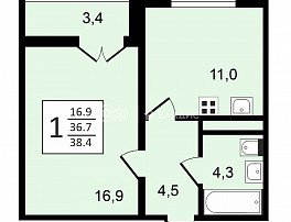 1-комнатная квартира, 38.4 м2