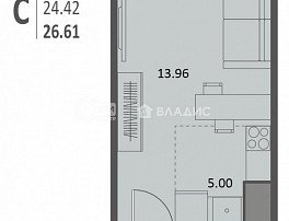 1-комнатная квартира, 26.61 м2