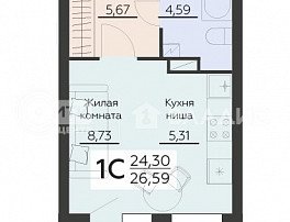1-комнатная квартира, 26.59 м2