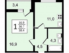1-комнатная квартира, 38.4 м2