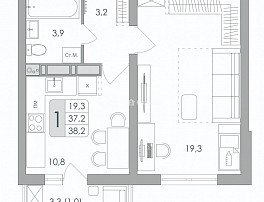 1-комнатная квартира, 38.2 м2