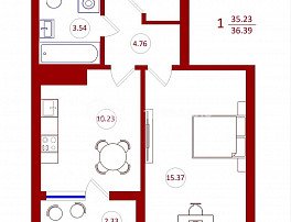 1-комнатная квартира, 36.39 м2