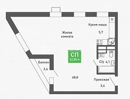 1-комнатная квартира, 62.8 м2