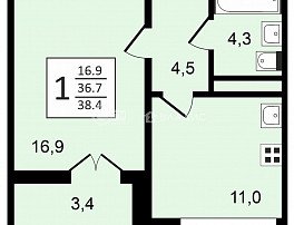 1-комнатная квартира, 38.4 м2