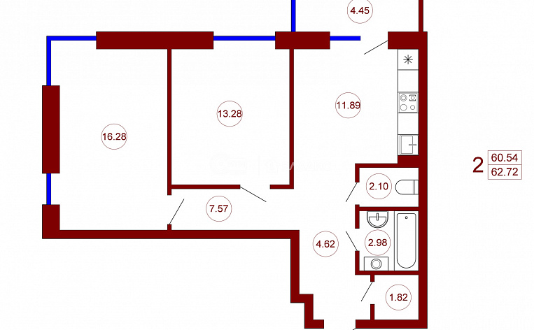 2-комнатная квартира, 62.72 м2, эт. 16, id: 722325, фото 5