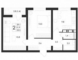 2-комнатная квартира, 53.3 м2