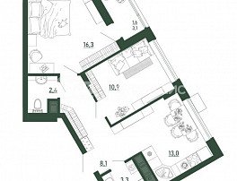 2-комнатная квартира, 55.6 м2