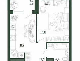 1-комнатная квартира, 35 м2