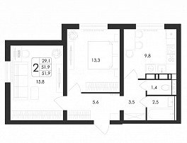 2-комнатная квартира, 51.9 м2