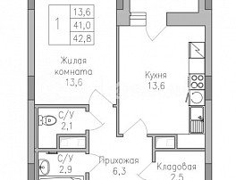 1-комнатная квартира, 42.8 м2