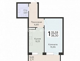 1-комнатная квартира, 38.3 м2