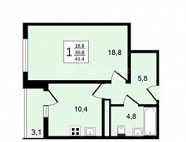 1-комнатная квартира, 41.4 м2