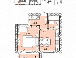 1-комнатная квартира, 36.37 м2