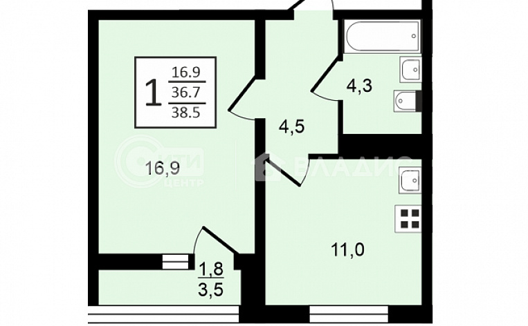 1-комнатная квартира, 38.4 м2, эт. 17, id: 948098, фото 9