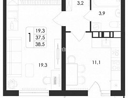 1-комнатная квартира, 38.5 м2