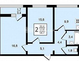 2-комнатная квартира, 58.7 м2