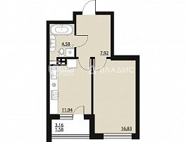 1-комнатная квартира, 42.75 м2