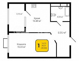 1-комнатная квартира, 40.89 м2