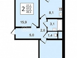 2-комнатная квартира, 49.3 м2