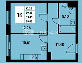1-комнатная квартира, 39.45 м2