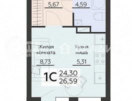 1-комнатная квартира, 26.59 м2