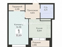 1-комнатная квартира, 35.69 м2